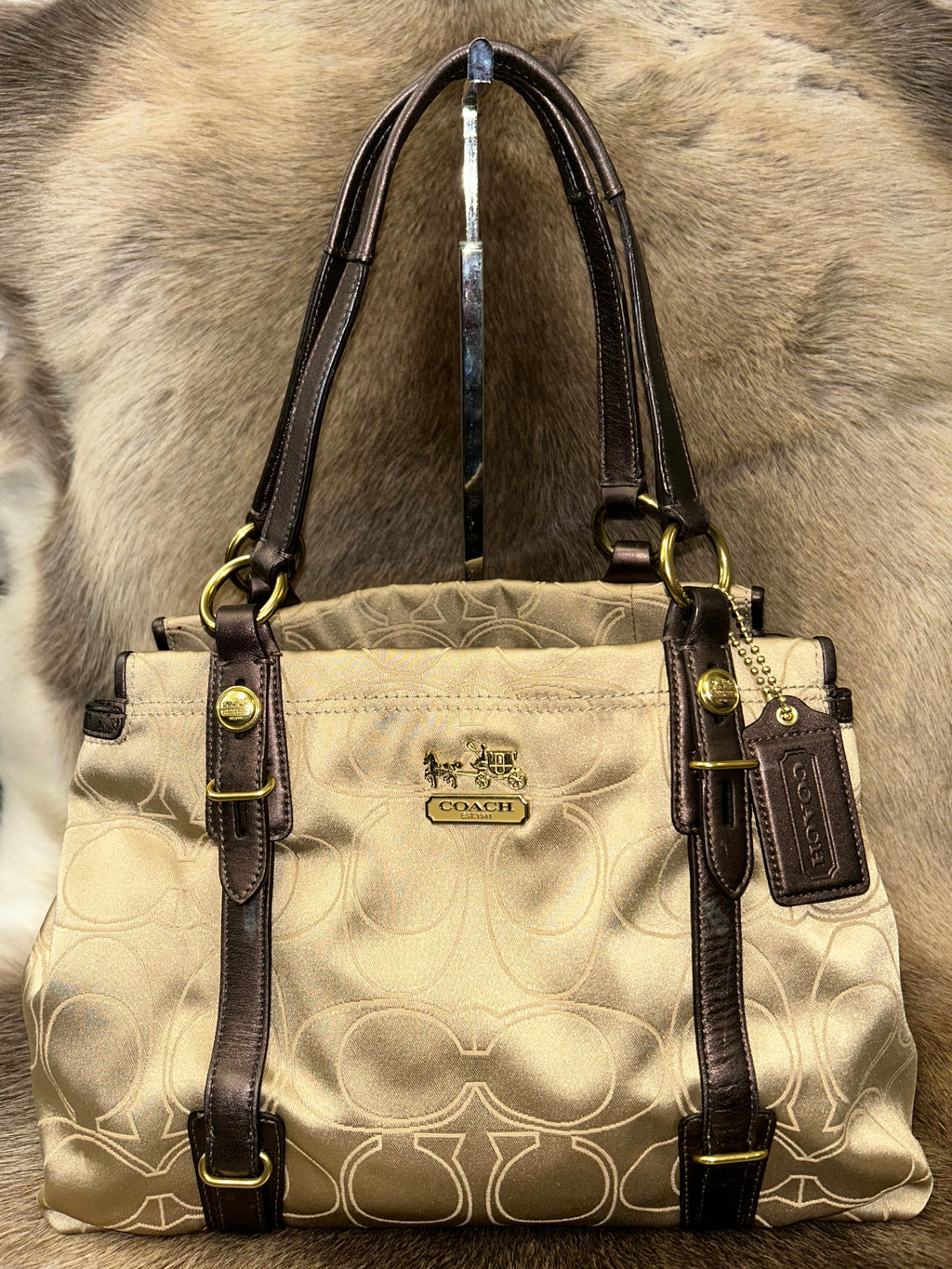 Coach Hamptons Monogram Handbag - Gold/Brown