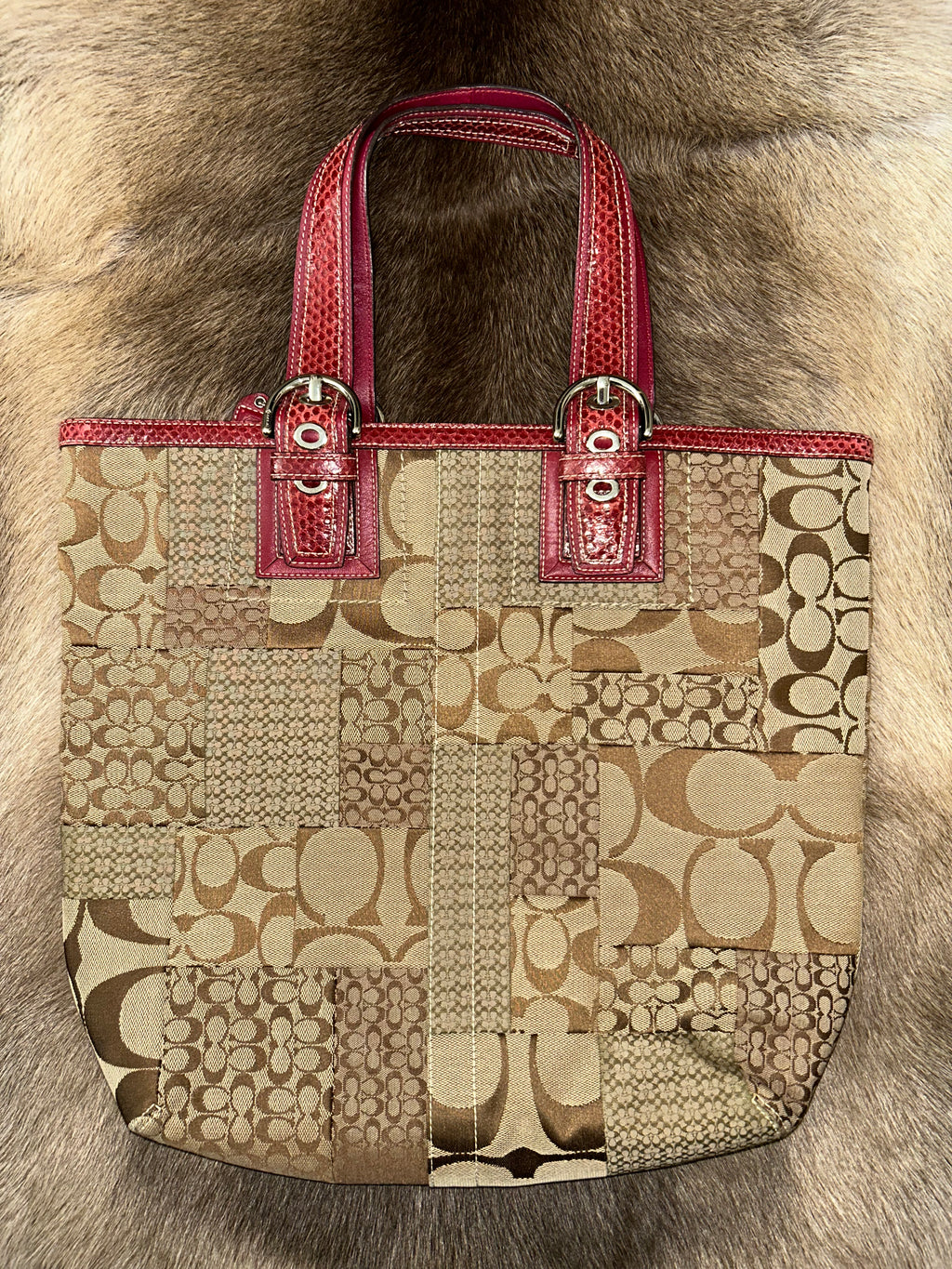 Coach Monogram Tote - Beige/Red