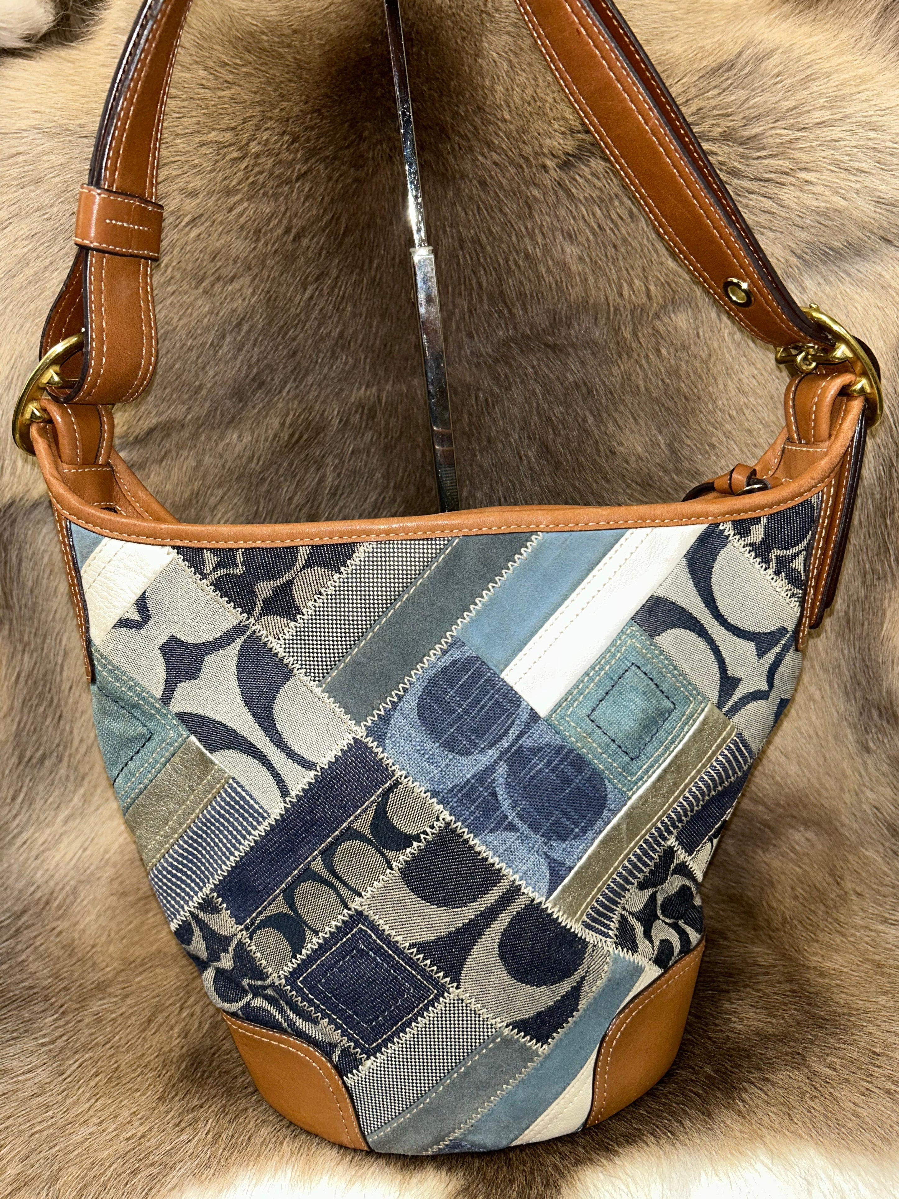 Coach Denim Patchwork Bucket Bag - Denim/Camel