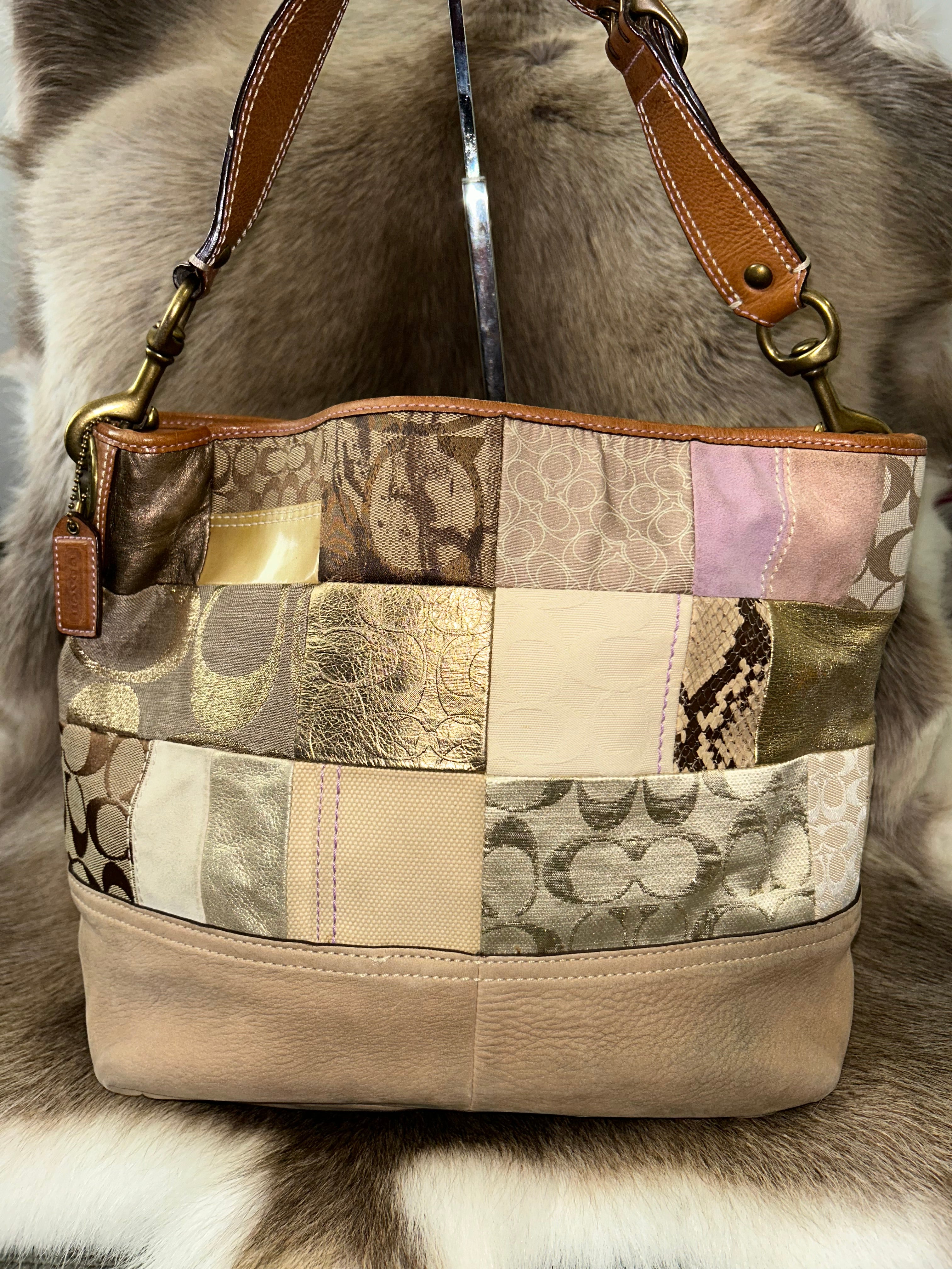 Coach Patchwork Contrast Stitch Hobo Bag - Beige/Purple