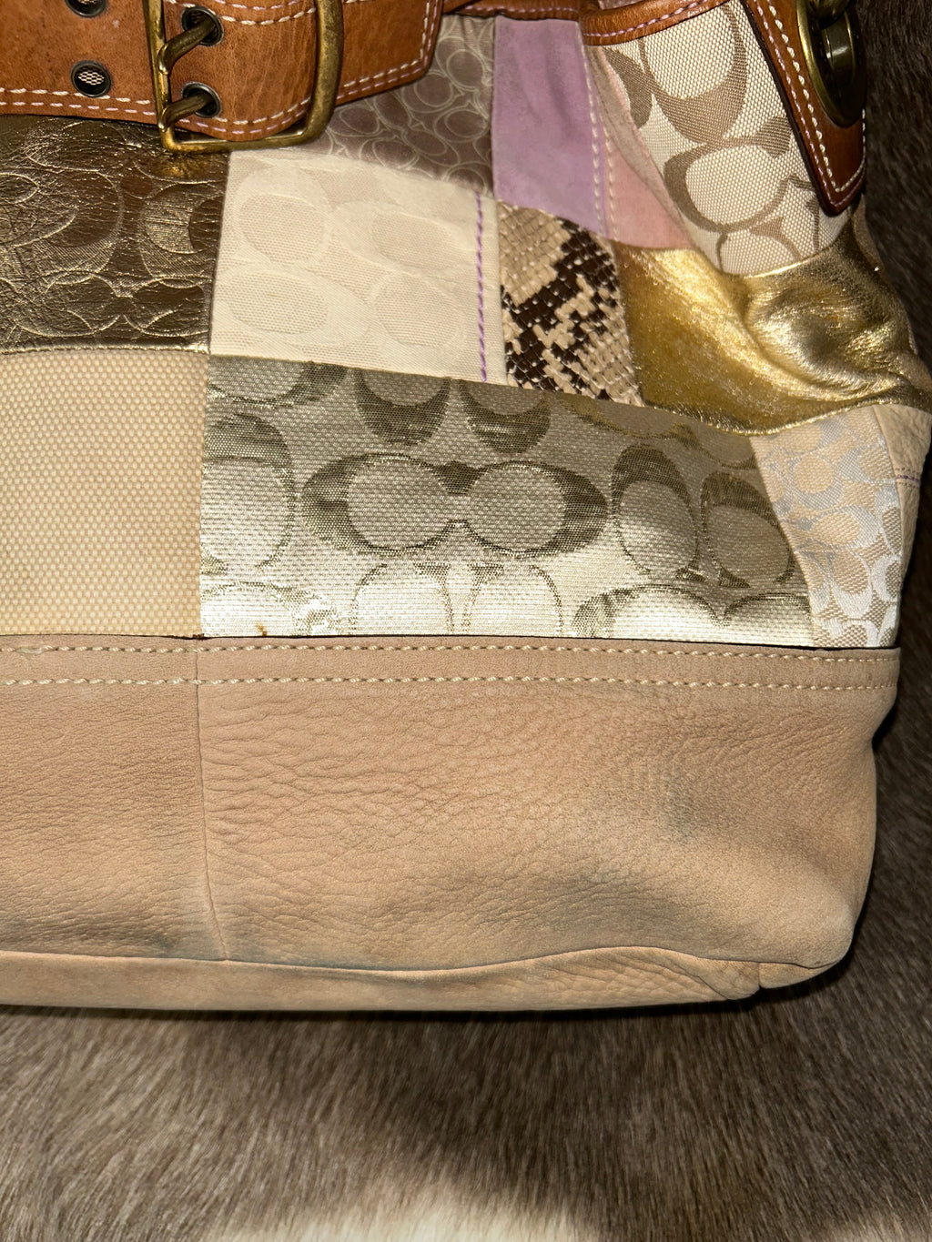 Coach Patchwork Contrast Stitch Hobo Bag - Beige/Purple
