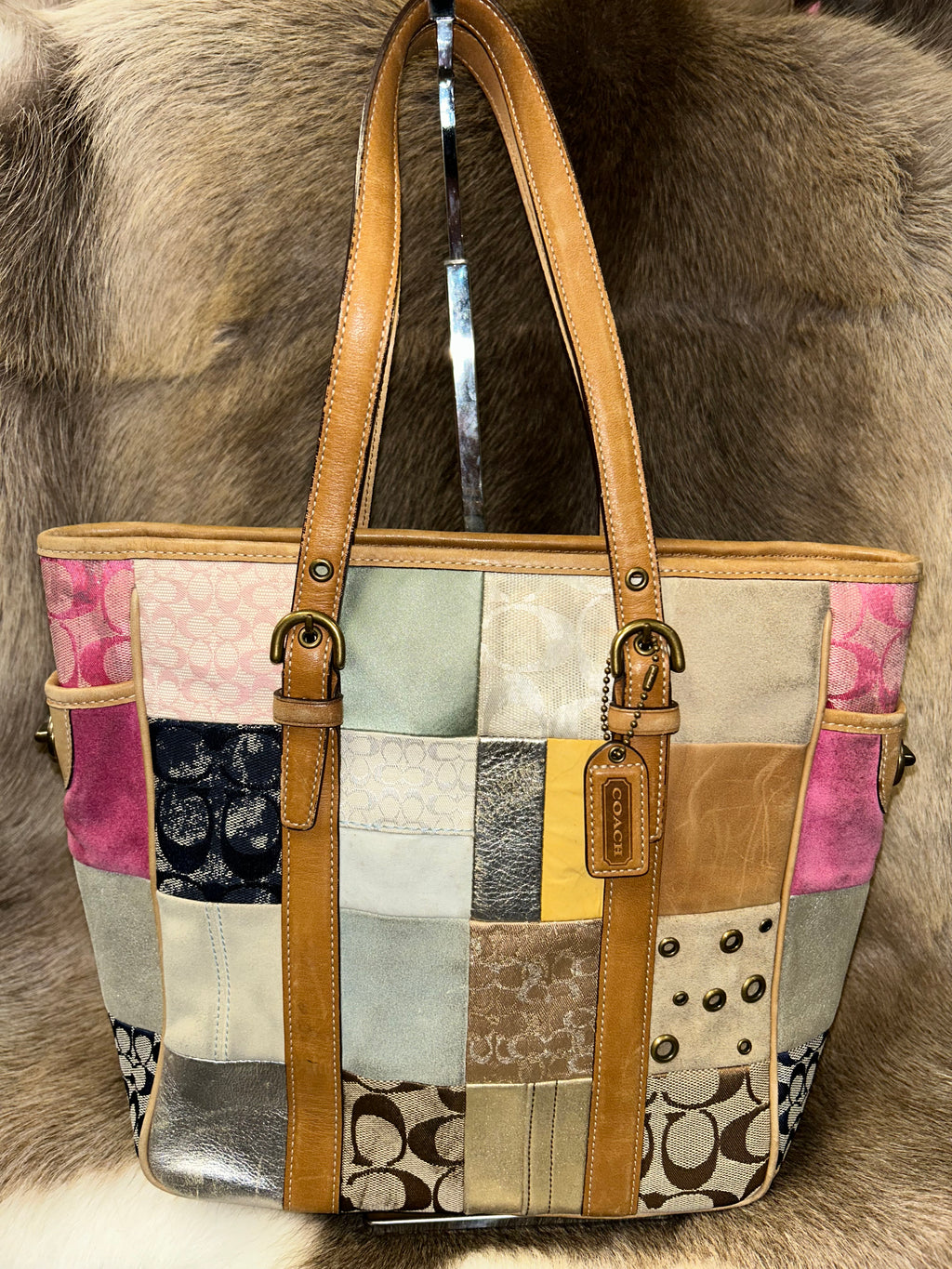 Coach Multicolor Patchwork Tote - Beige/Pink/Green