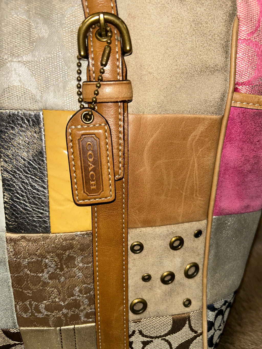 Coach Multicolor Patchwork Tote - Beige/Pink/Green