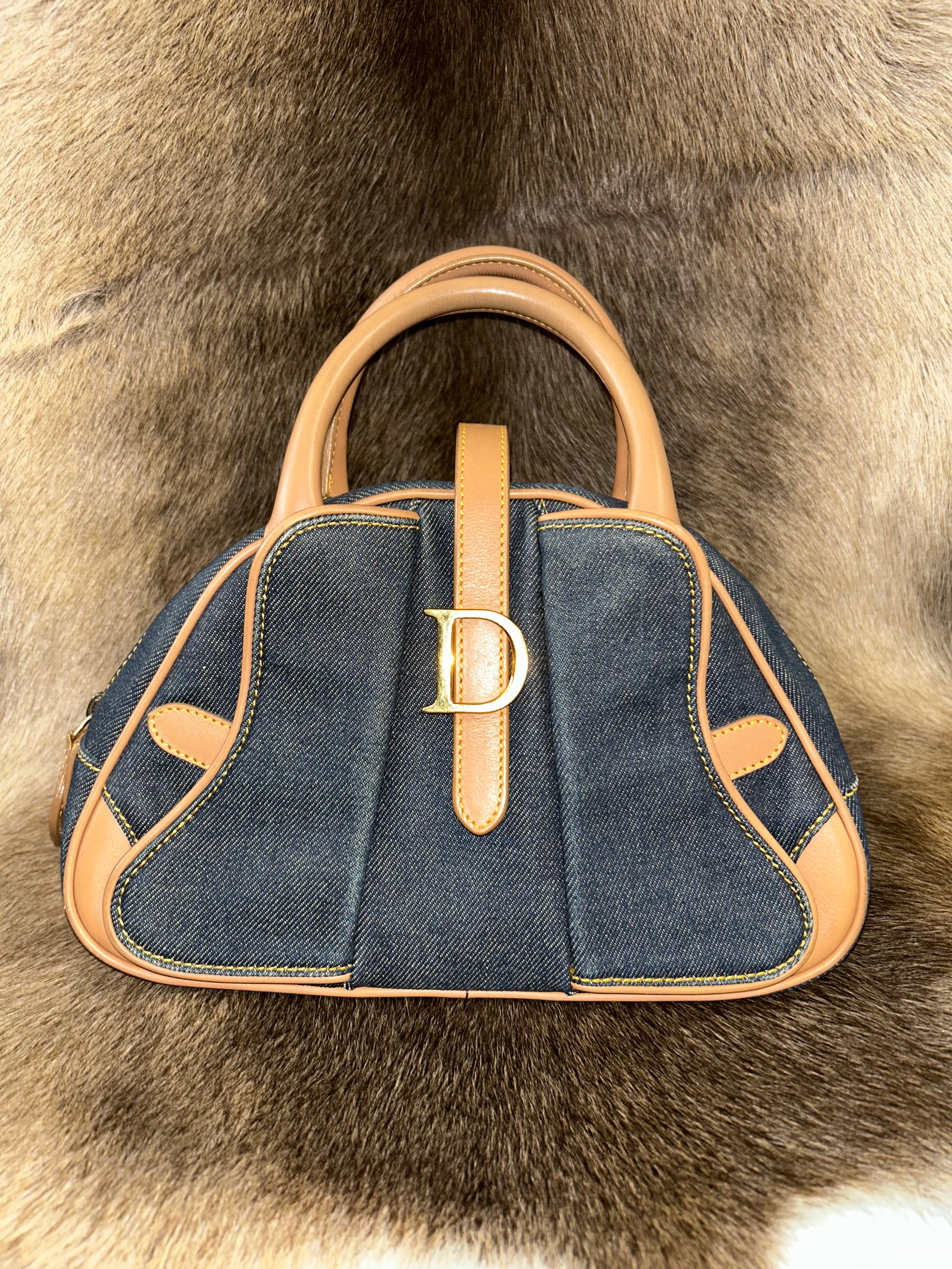 Christian Dior Saddle Bowler Handbag - Blue Denim/Tan
